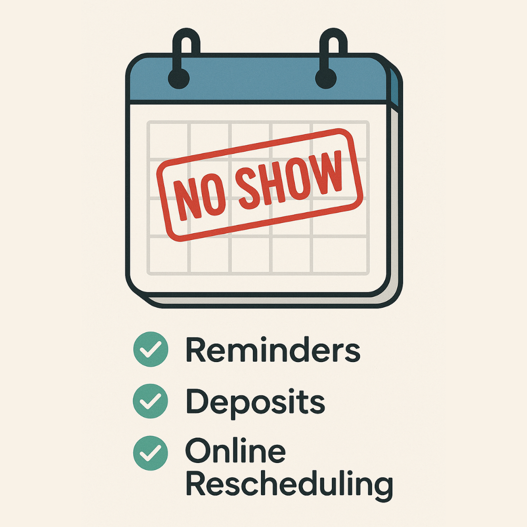 An image of a calendar with 'no show' written on it. Below, are 3 points to help reduce no shows.